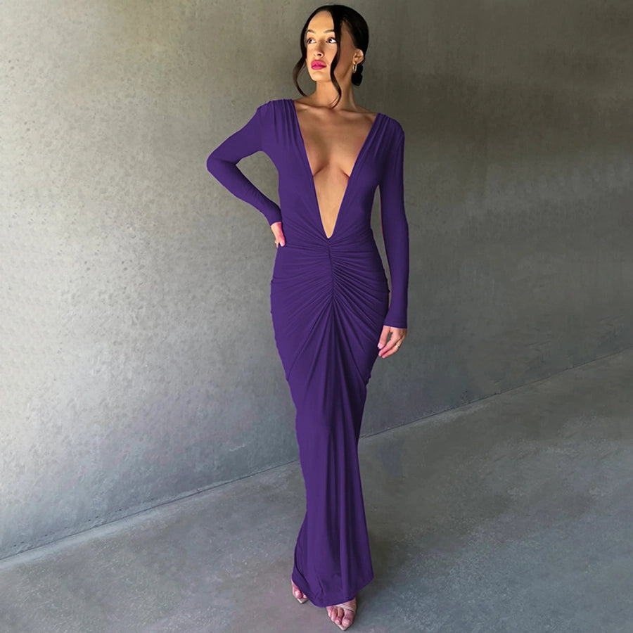 women's regular dress elegant v neck pleated long sleeve solid color maxi long dress daily