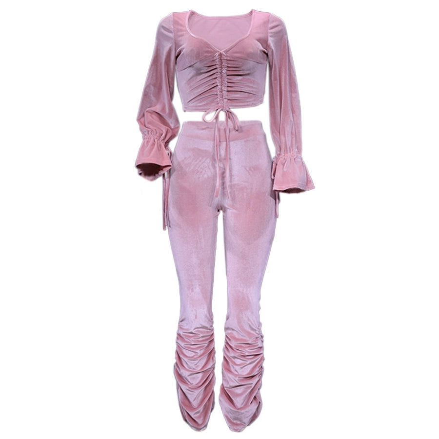 women's casual british style solid color polyester korean velvet pleated pants sets