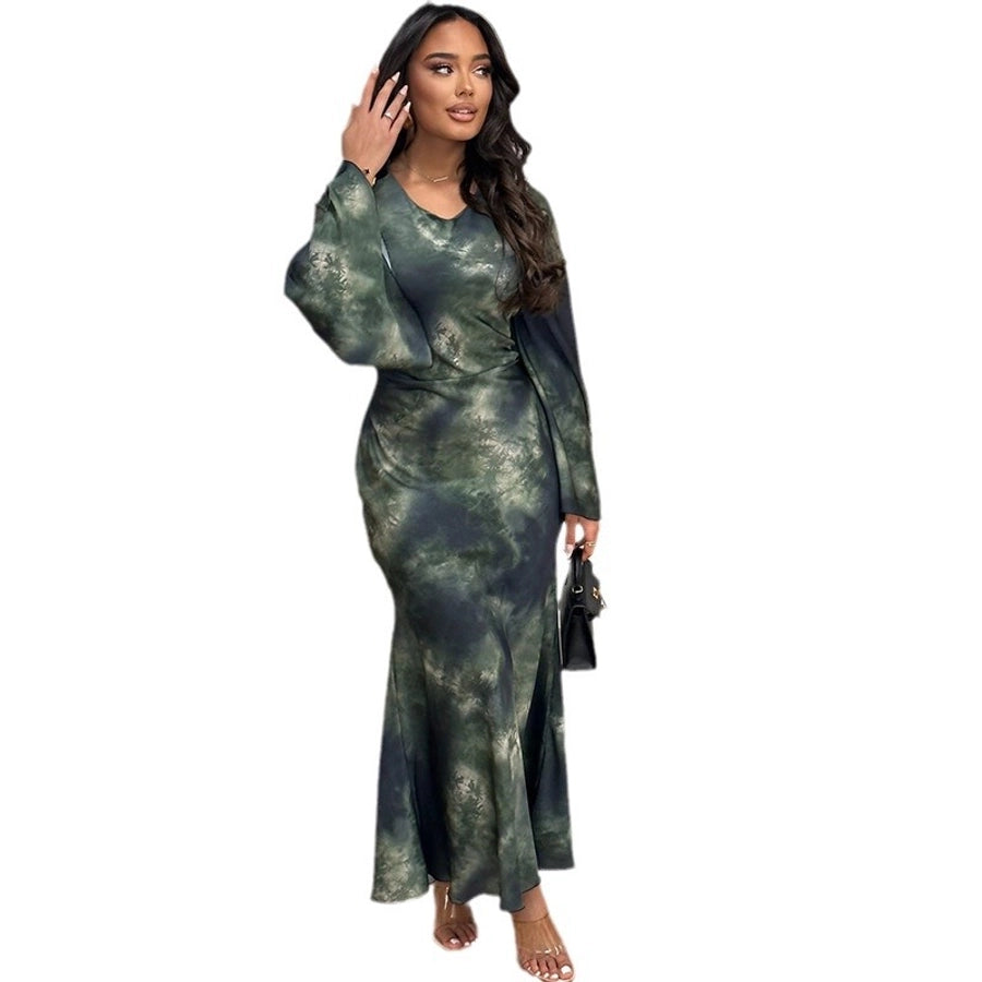 Women's Trumpet Dress Streetwear Round Neck Printing Long Sleeve Abstract Maxi Long Dress Holiday