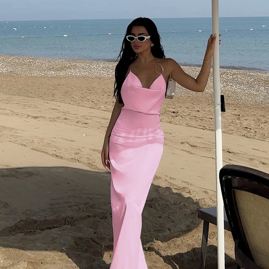 Women's Sheath Dress Streetwear Halter Neck Sleeveless Solid Color Maxi Long Dress Cocktail Party