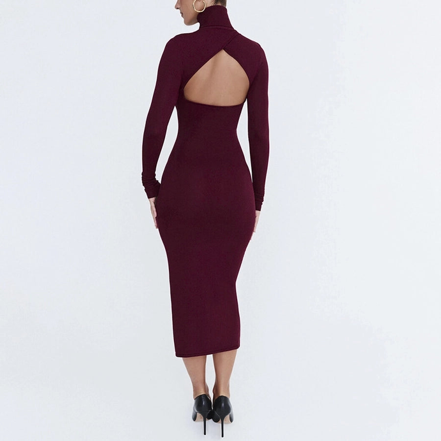 Women's Sheath Dress Sexy Turtleneck Long Sleeve Solid Color Maxi Long Dress Cocktail Party