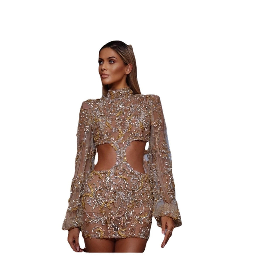 spring and summer new sexy mesh sequins round neck party dress hip skirt