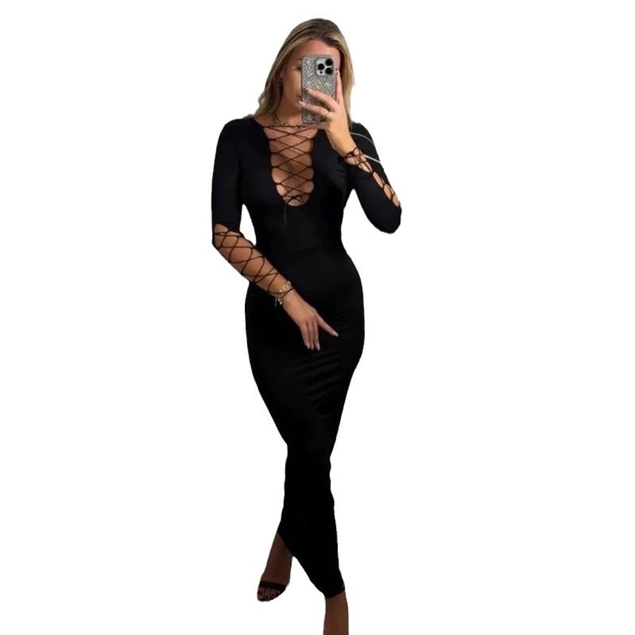 Women's Sheath Dress Streetwear Boat Neck Long Sleeve Solid Color Maxi Long Dress Travel
