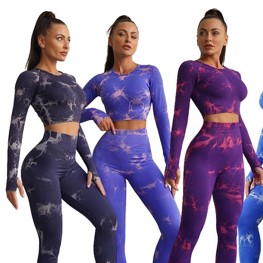 Casual Sports Tie Dye Nylon Spandex Round Neck Tracksuit T-shirt Leggings