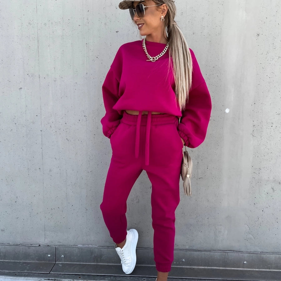 women's casual solid color cotton blend spandex polyester pants sets