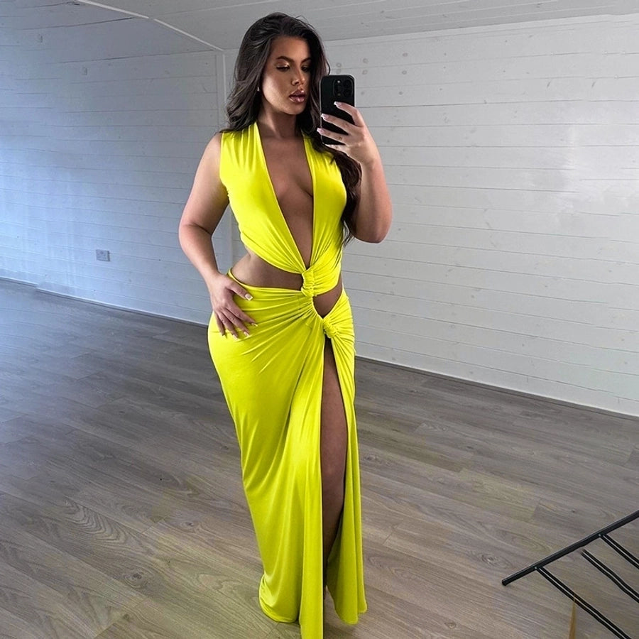 Women's Slit Dress Sexy Streetwear Plunging Neck Sleeveless Solid Color Maxi Long Dress Holiday Cocktail Party