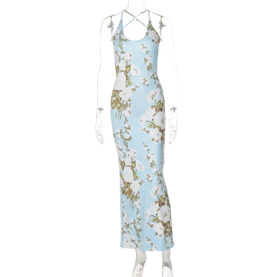 Women's Strap Dress Sexy U Neck Backless Sleeveless Flower Maxi Long Dress Cocktail Party