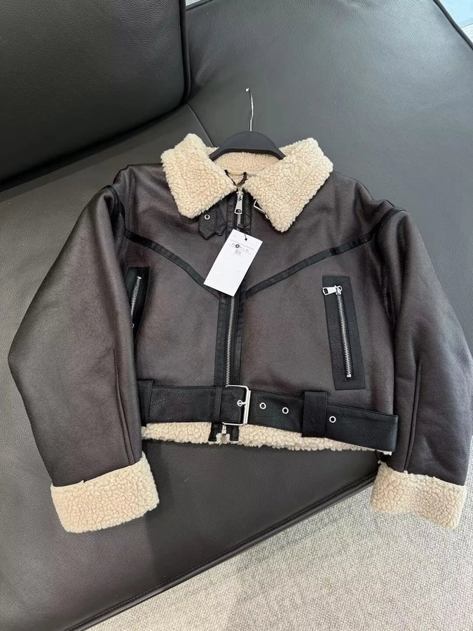 Women's Streetwear Solid Color Belt Zipper Leather Jacket Casual Jacket