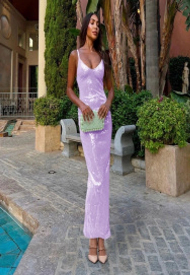 Women's Party Dress Elegant Sexy Strap Deep U Sequins Sleeveless Solid Color Maxi Long Dress Holiday Cocktail Party