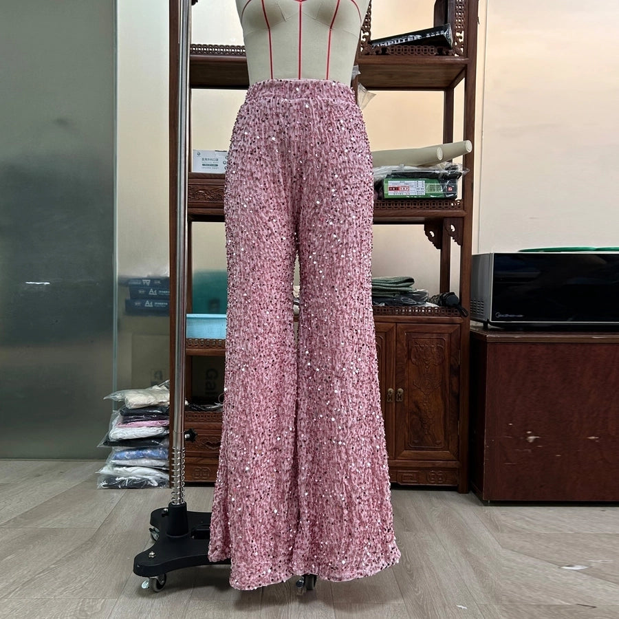 women's party street fashion solid color full length sequins wide leg pants