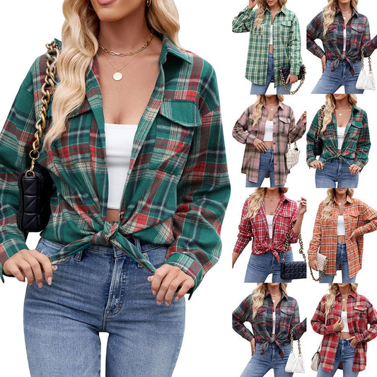 Women's Blouse Long Sleeve Blouses Pocket Streetwear Plaid