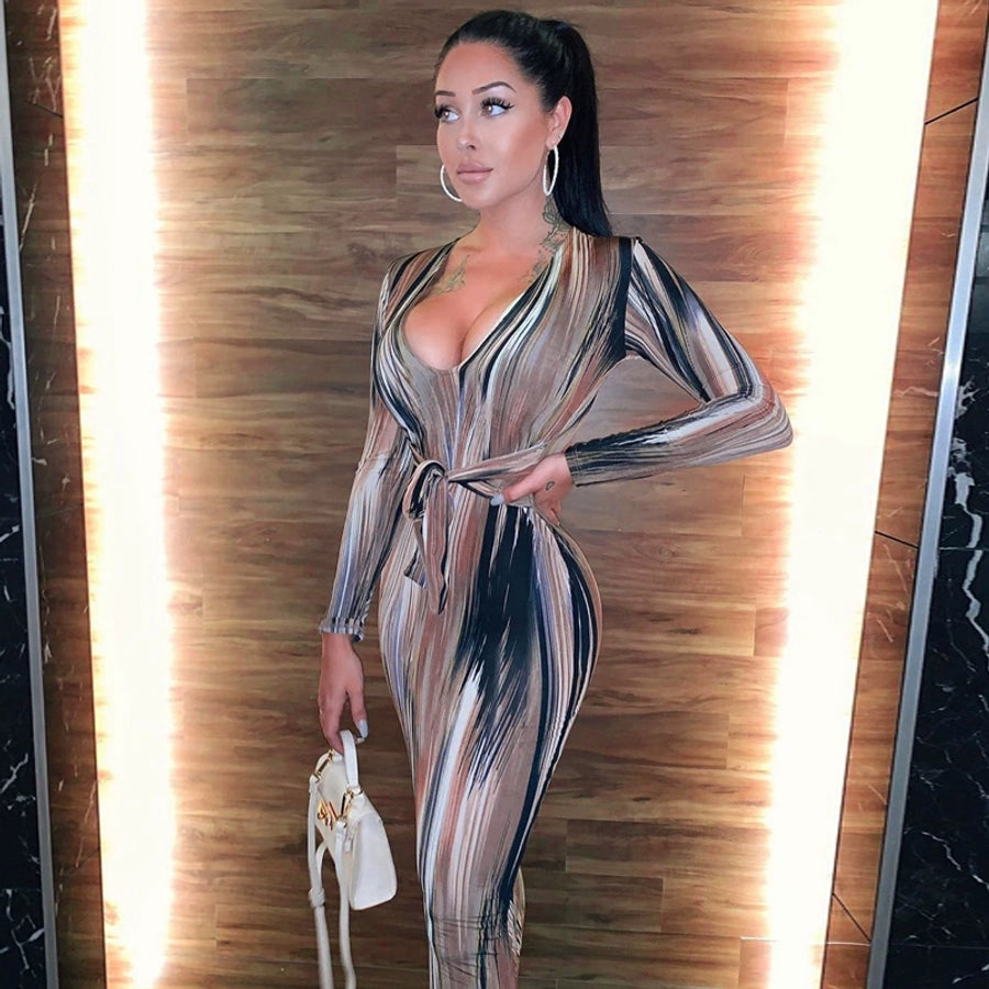 women's sheath dress sexy deep v long sleeve tie dye maxi long dress nightclub party
