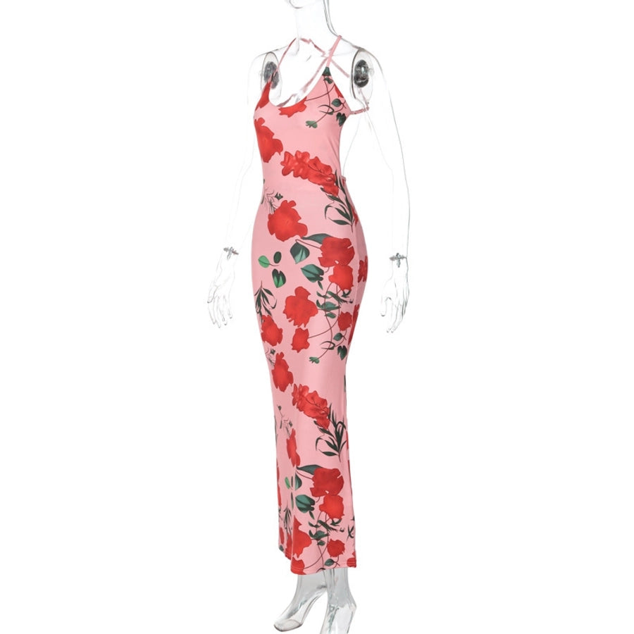 Women's Strap Dress Sexy U Neck Backless Sleeveless Flower Maxi Long Dress Cocktail Party