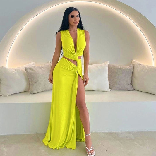 Women's Slit Dress Sexy Streetwear Plunging Neck Sleeveless Solid Color Maxi Long Dress Holiday Cocktail Party