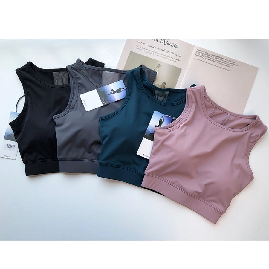 sports solid color nylon spandex round neck active tops vest