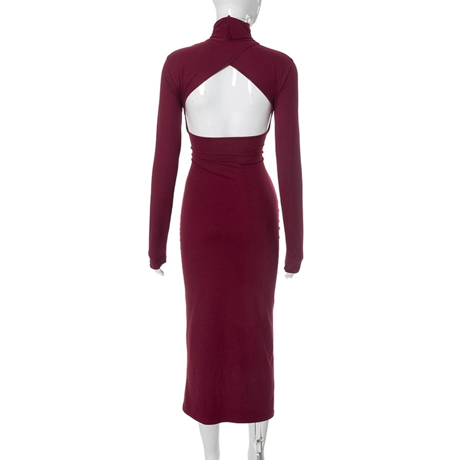 Women's Sheath Dress Sexy Turtleneck Long Sleeve Solid Color Maxi Long Dress Cocktail Party