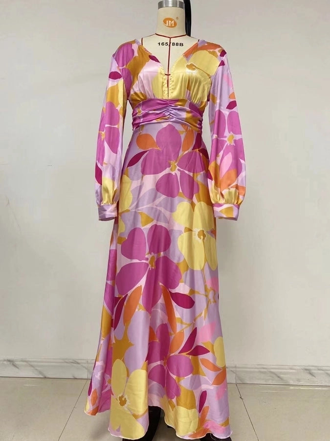 women's regular dress casual v neck printing long sleeve printing maxi long dress street