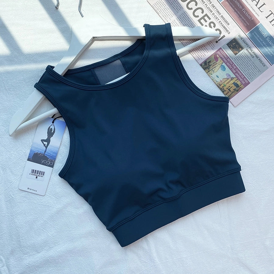 sports solid color nylon spandex round neck active tops vest