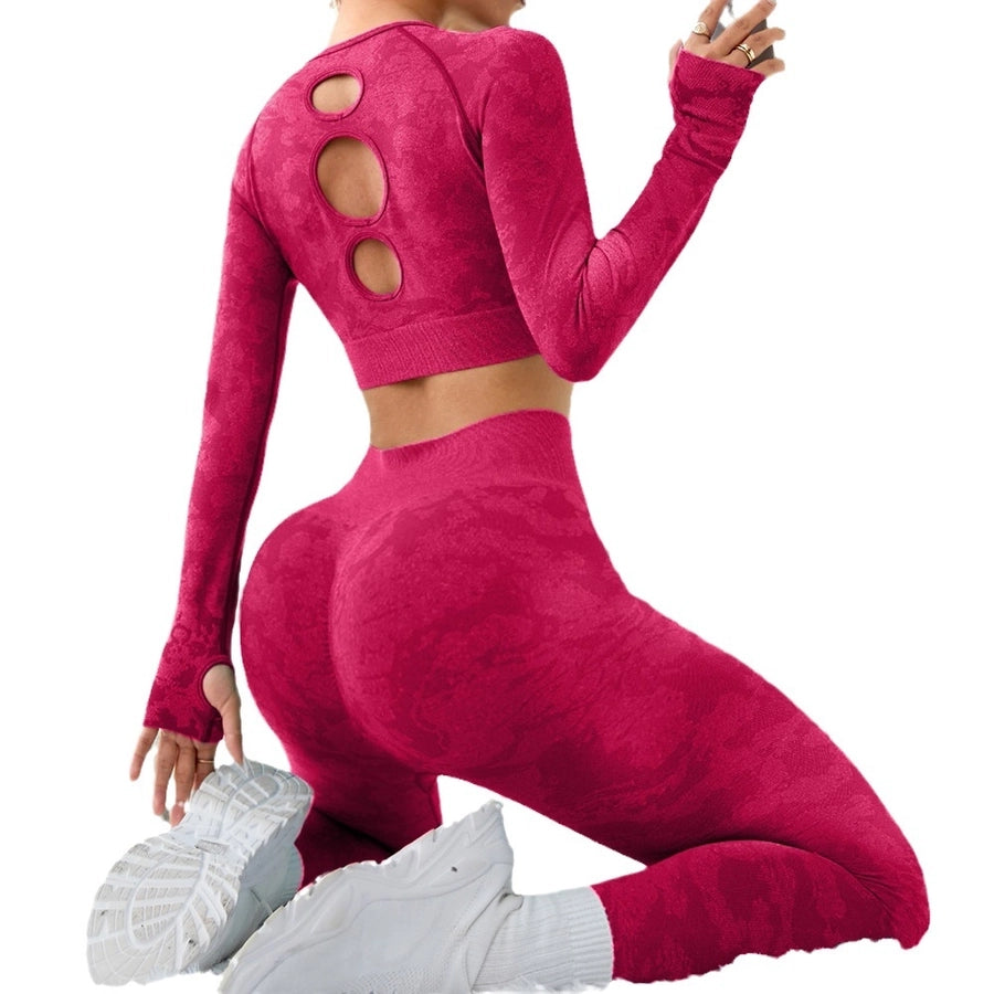 sports solid color nylon round neck hollow out tracksuit t-shirt leggings