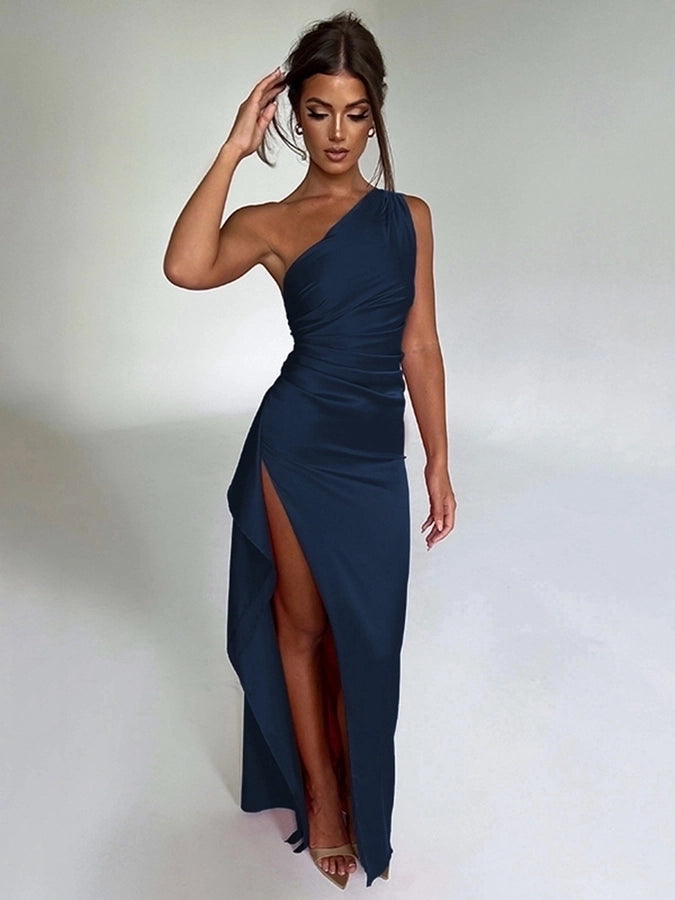 Shoulder Pleated Split Sexy Satin Dress  Summer Elegant Slim-fit Solid Color Dress