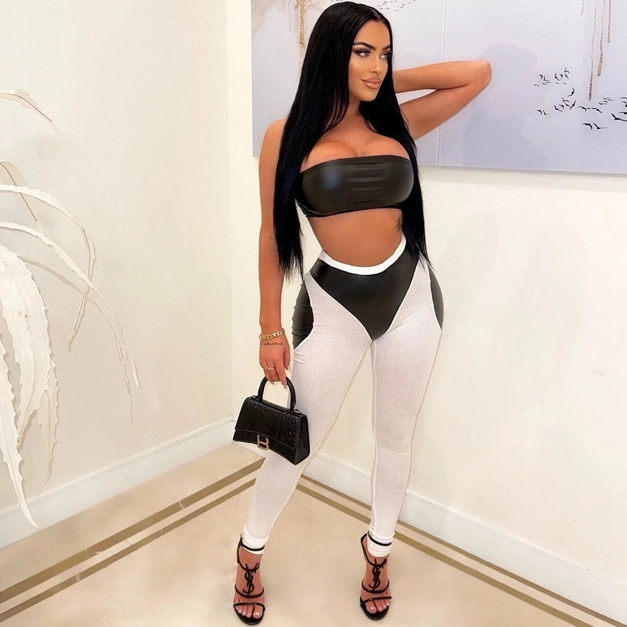 sexy color block pu patchwork pants sets