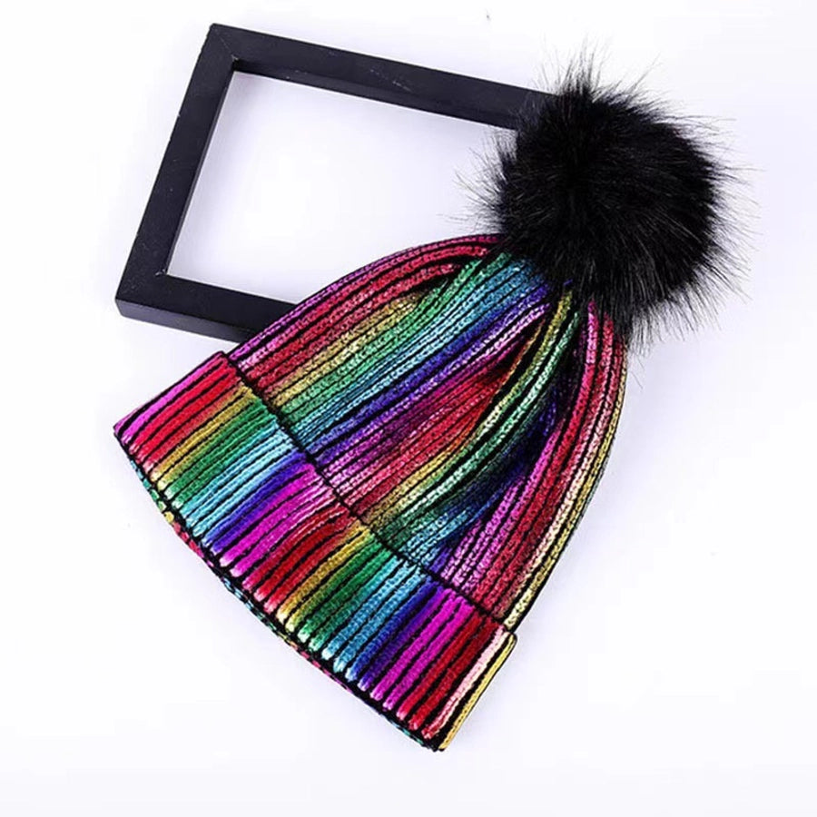 Women's autumn and winter student warm fur ball knitted hat bronzing silver wool hat Korean style pullover hat