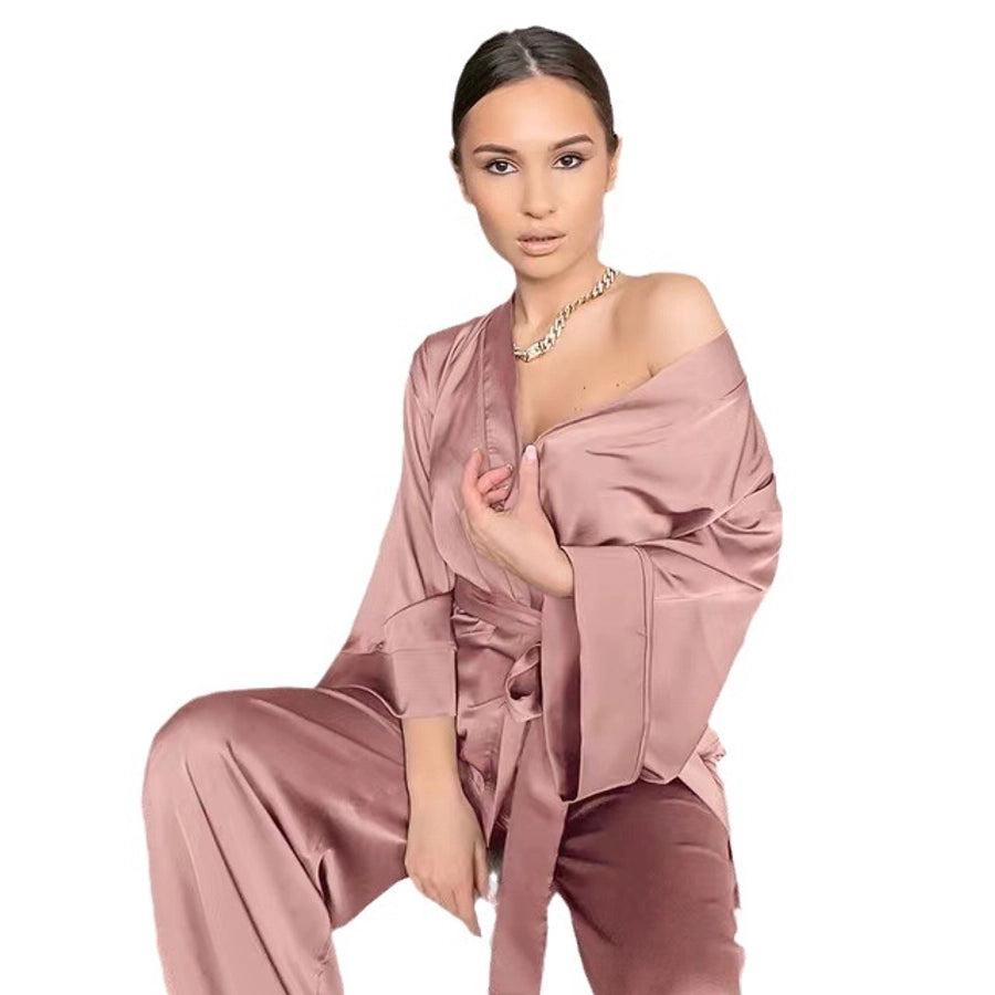 women's casual solid color polyester satin pants sets