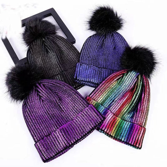 Women's autumn and winter student warm fur ball knitted hat  bronzing silver wool hat Korean style  pullover hat