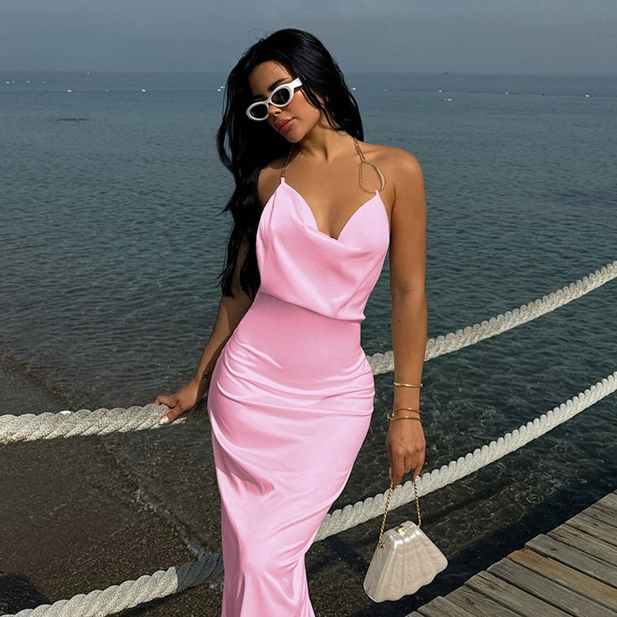 Women's Sheath Dress Streetwear Halter Neck Sleeveless Solid Color Maxi Long Dress Cocktail Party