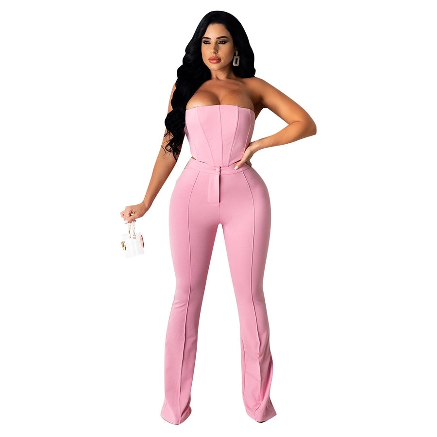 women's vacation solid color spandex polyester patchwork pants sets