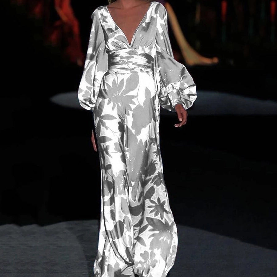 women's regular dress casual v neck printing long sleeve printing maxi long dress street