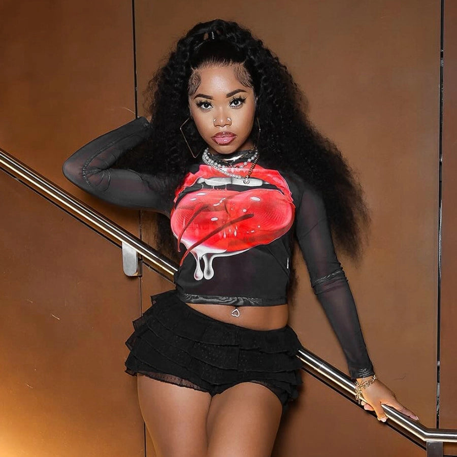 Women's T-shirt Long Sleeve T-Shirts Streetwear Lips Cherry