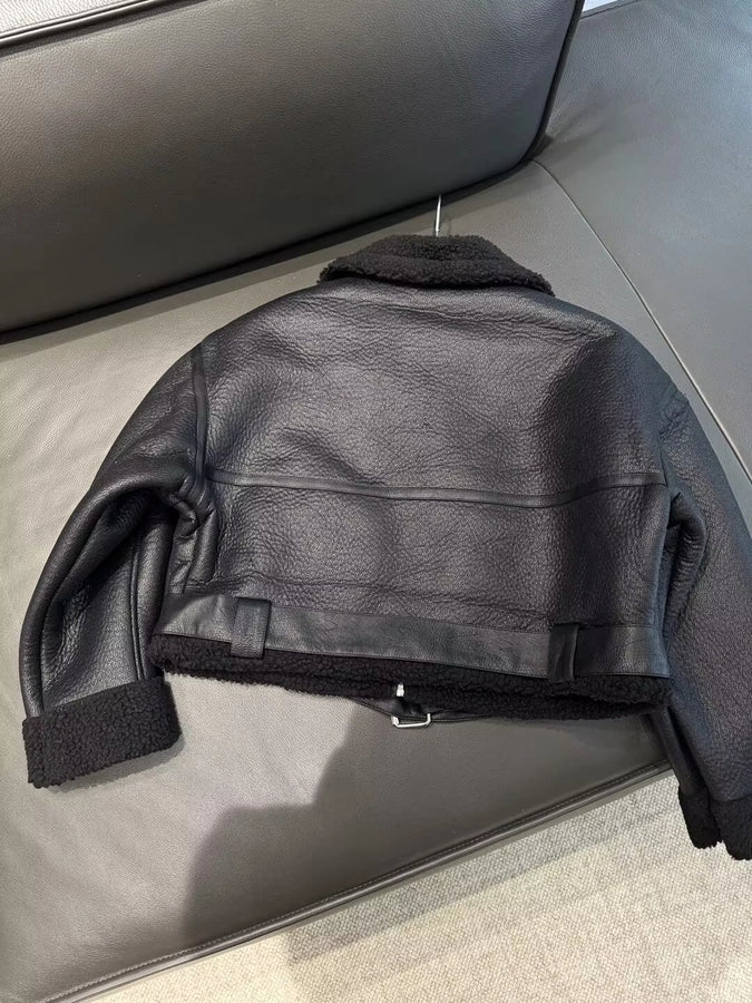 Women's Streetwear Solid Color Belt Zipper Leather Jacket Casual Jacket