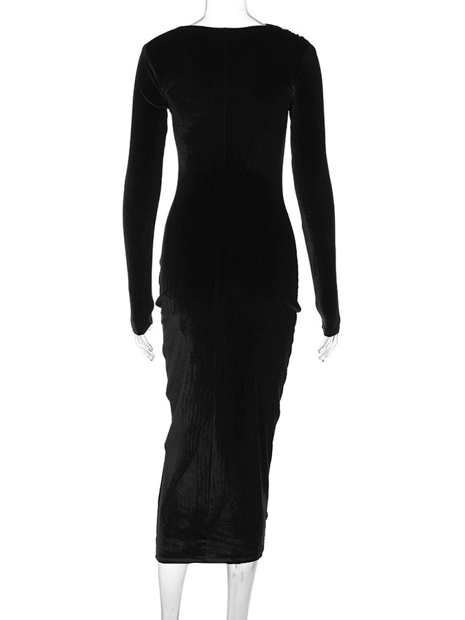 Women's Party Dress Elegant Round Neck Long Sleeve Solid Color Midi Dress Cocktail Party