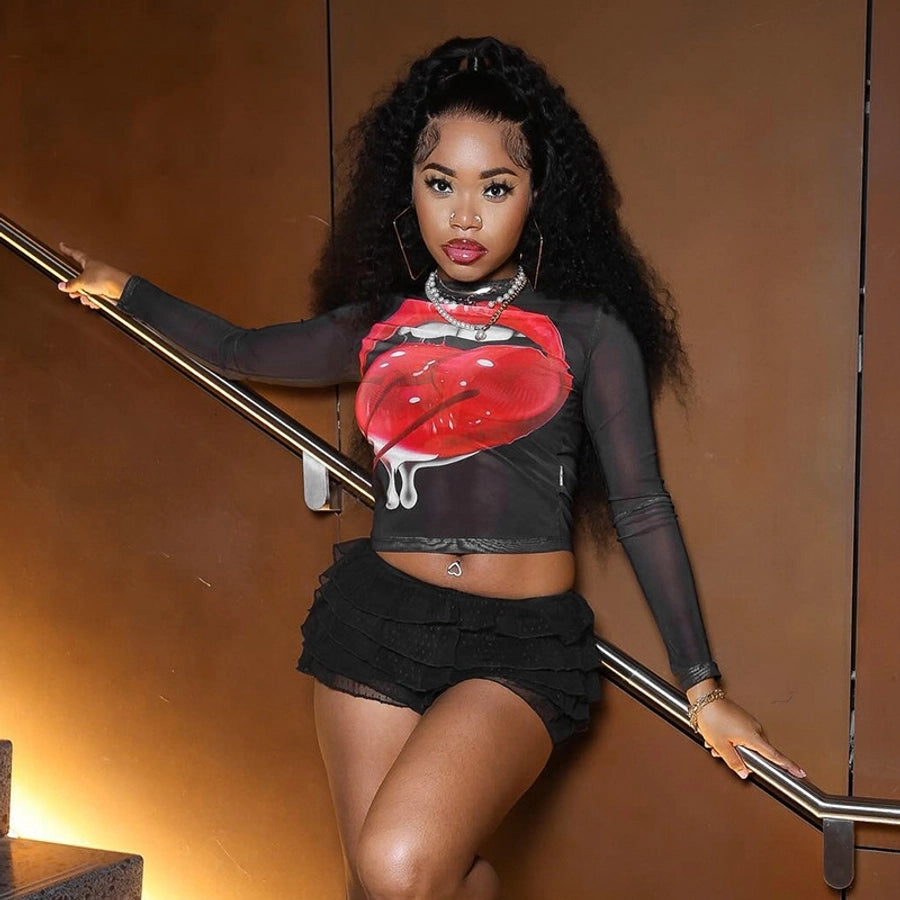 Women's T-shirt Long Sleeve T-Shirts Streetwear Lips Cherry