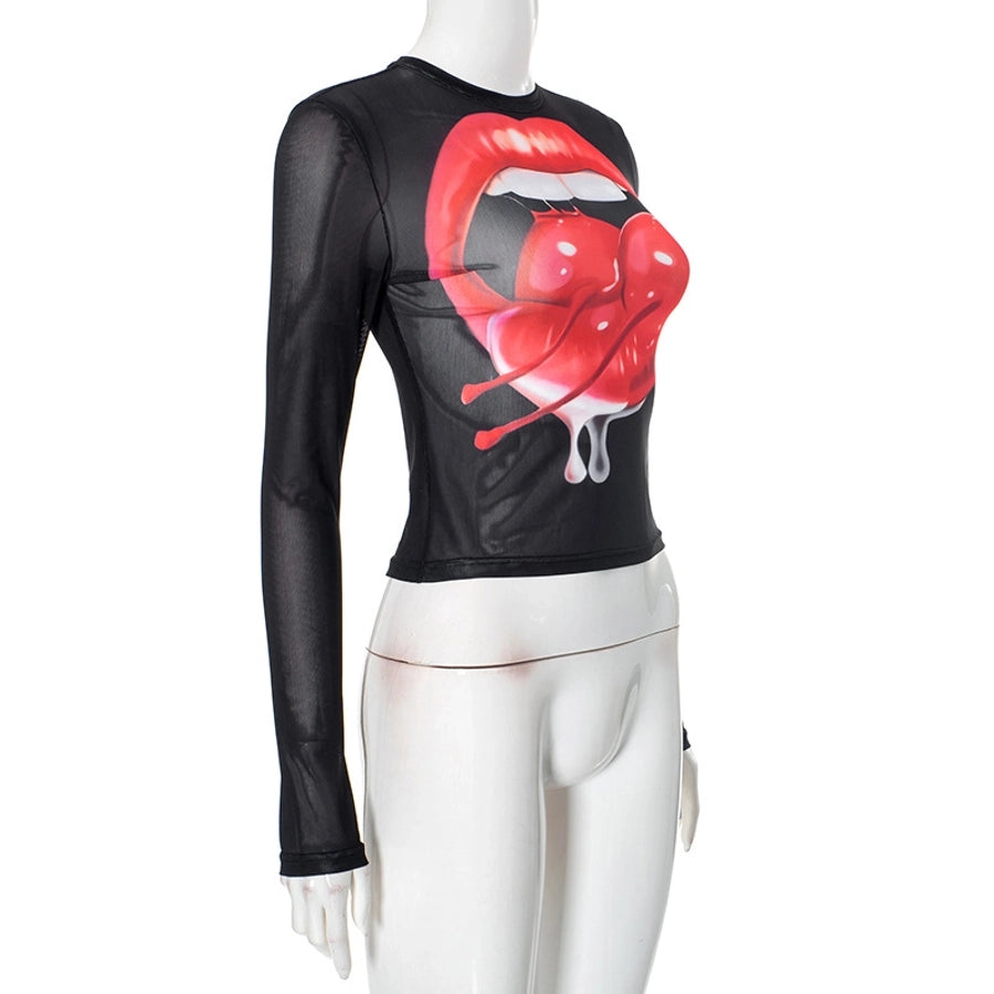 Women's T-shirt Long Sleeve T-Shirts Streetwear Lips Cherry