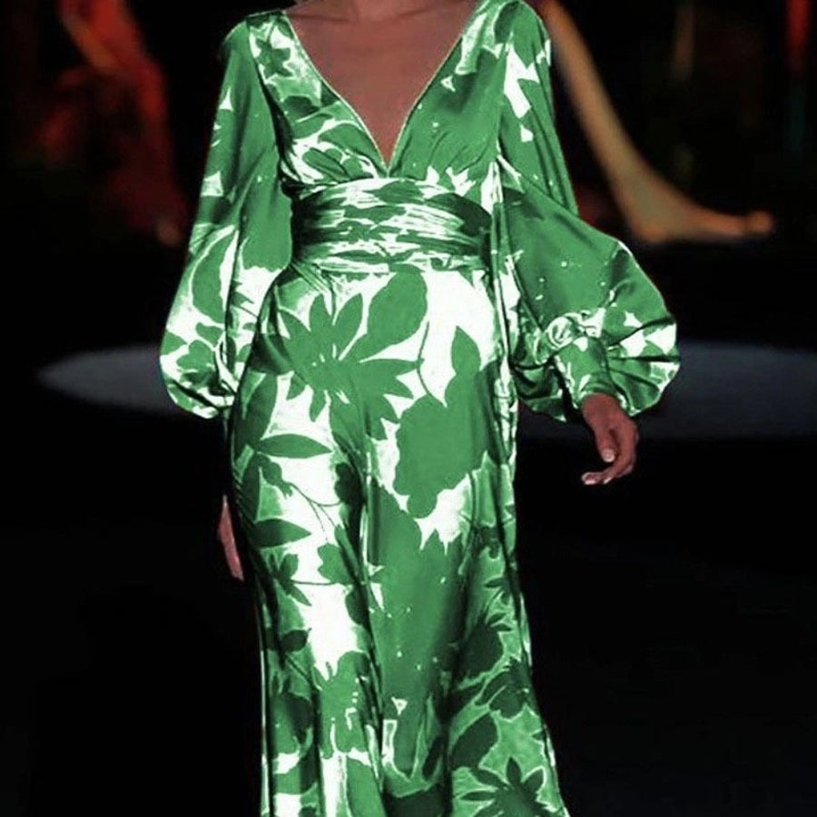 women's regular dress casual v neck printing long sleeve printing maxi long dress street
