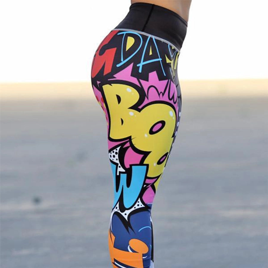 fashion color block polyester printing active bottoms leggings