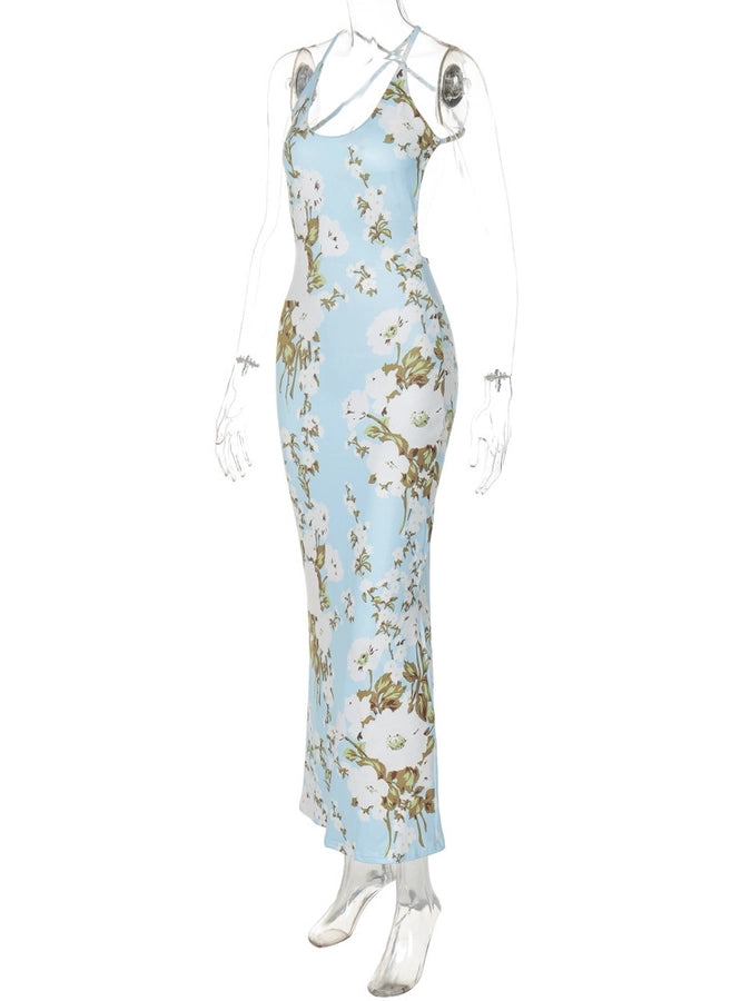Women's Strap Dress Sexy U Neck Backless Sleeveless Flower Maxi Long Dress Cocktail Party