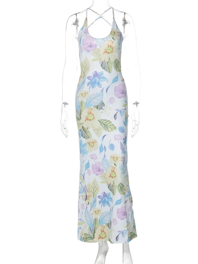 Women's Strap Dress Sexy U Neck Backless Sleeveless Flower Maxi Long Dress Cocktail Party