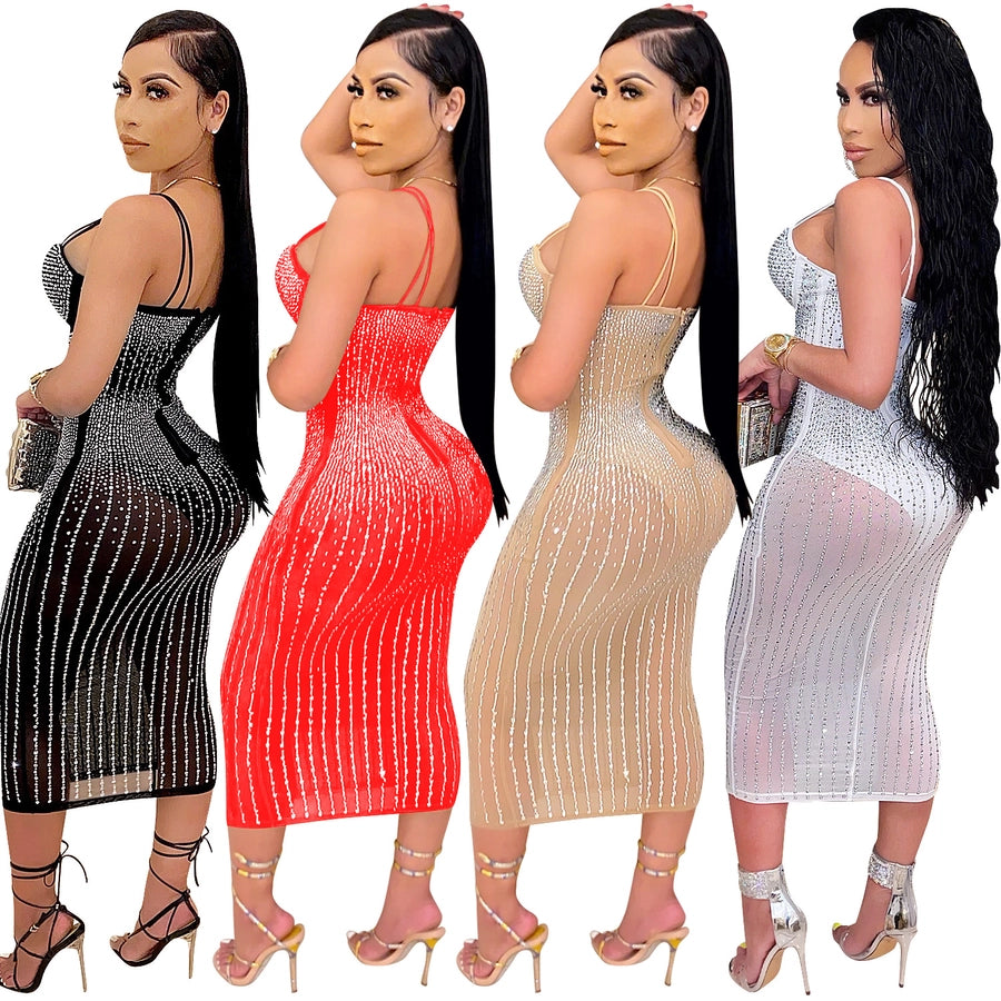 women's strap dress simple style strap diamond sleeveless solid color midi dress party street