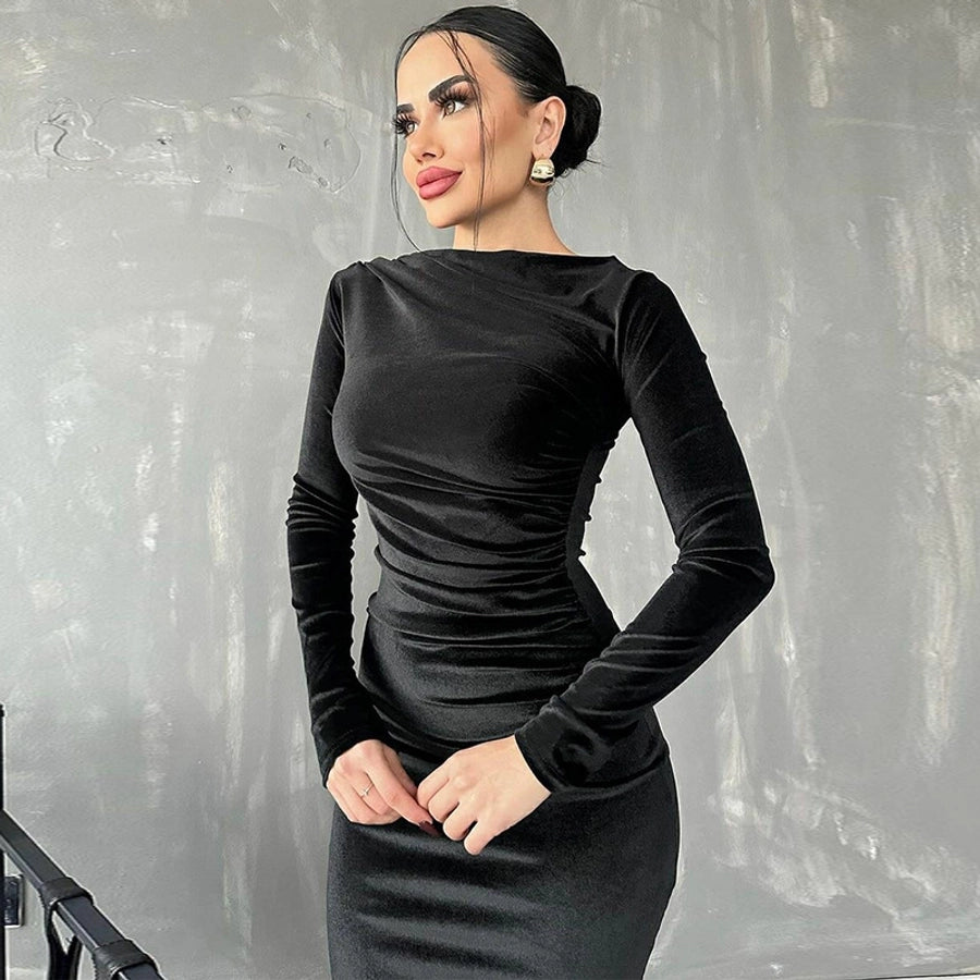 Women's Party Dress Elegant Round Neck Long Sleeve Solid Color Midi Dress Cocktail Party