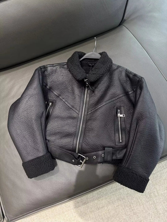 Women's Streetwear Solid Color Belt Zipper Leather Jacket Casual Jacket