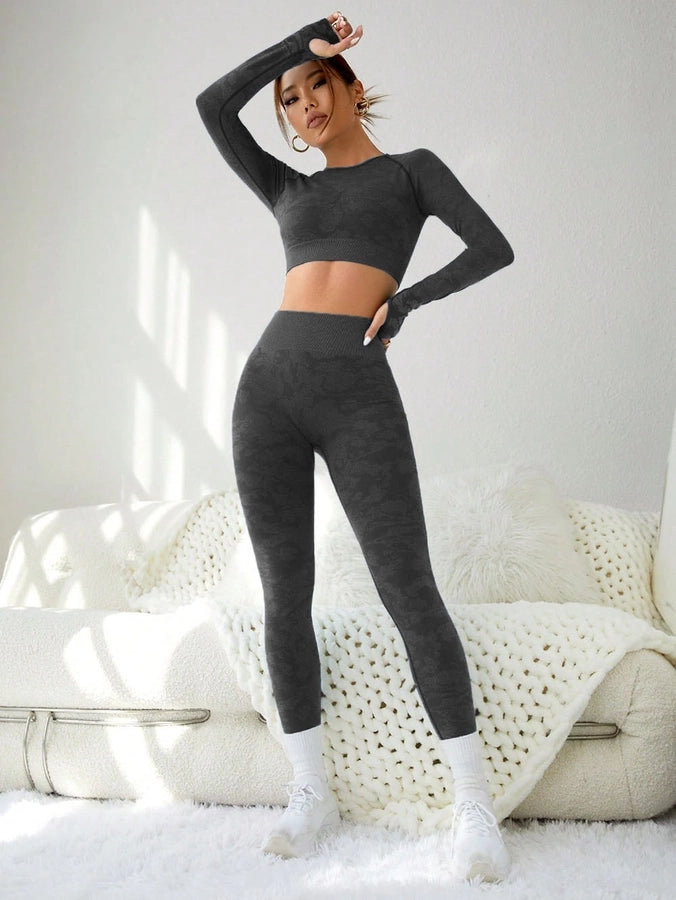 sports solid color nylon round neck hollow out tracksuit t-shirt leggings