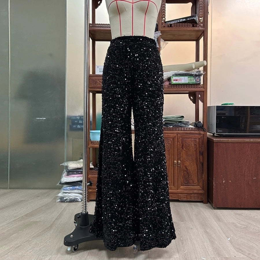 women's party street fashion solid color full length sequins wide leg pants
