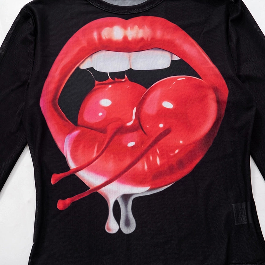 Women's T-shirt Long Sleeve T-Shirts Streetwear Lips Cherry