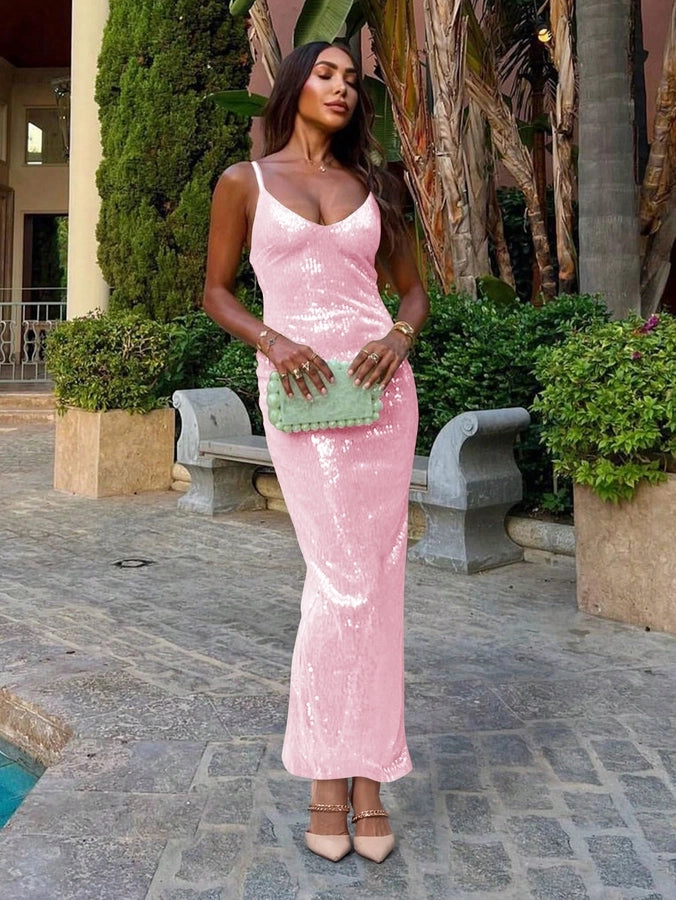 Women's Party Dress Elegant Sexy Strap Deep U Sequins Sleeveless Solid Color Maxi Long Dress Holiday Cocktail Party