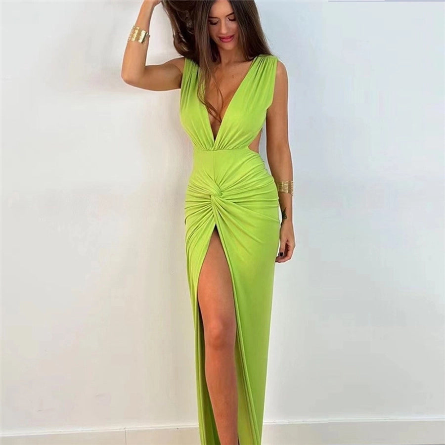 women's pencil skirt fashion v neck slit knot backless sleeveless solid color maxi long dress daily