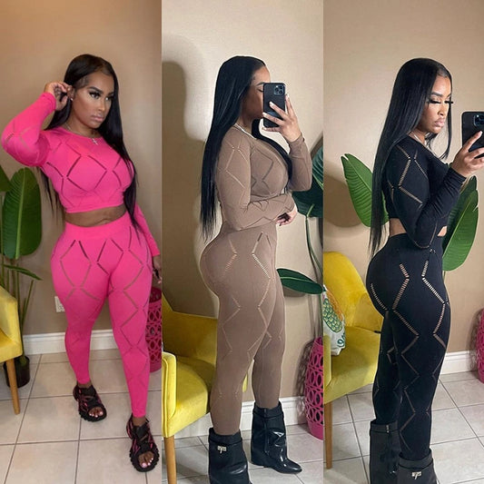 daily street women's casual sexy solid color polyester hollow out pants sets pants sets