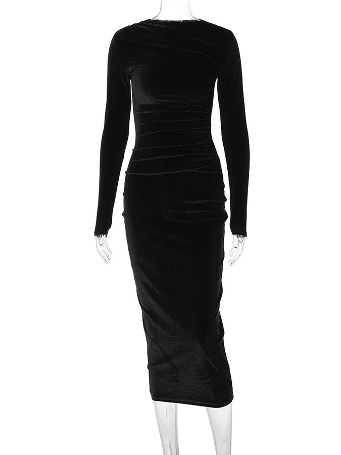 Women's Party Dress Elegant Round Neck Long Sleeve Solid Color Midi Dress Cocktail Party